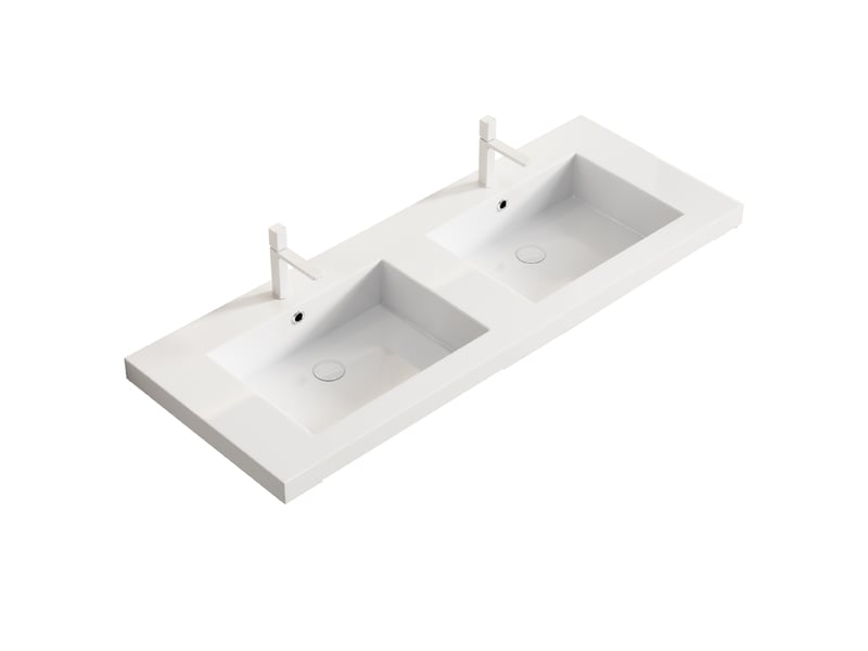  Lavabo double en résine avec plan de travail, bords arrondis, salle de bain, blanc, 132×58×29 cm  - Conforama A