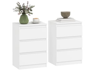 Tables de chevet (lot de 2), 3 tiroirs, sans poignées, aspect bois, blanches