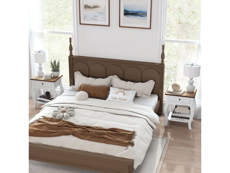  Lot de 2 tables de chevet avec tiroir, étagère ouverte et plateau effet chêne, style français, 45 x 35 x 55 cm, blanc et chêne  - Conforama D