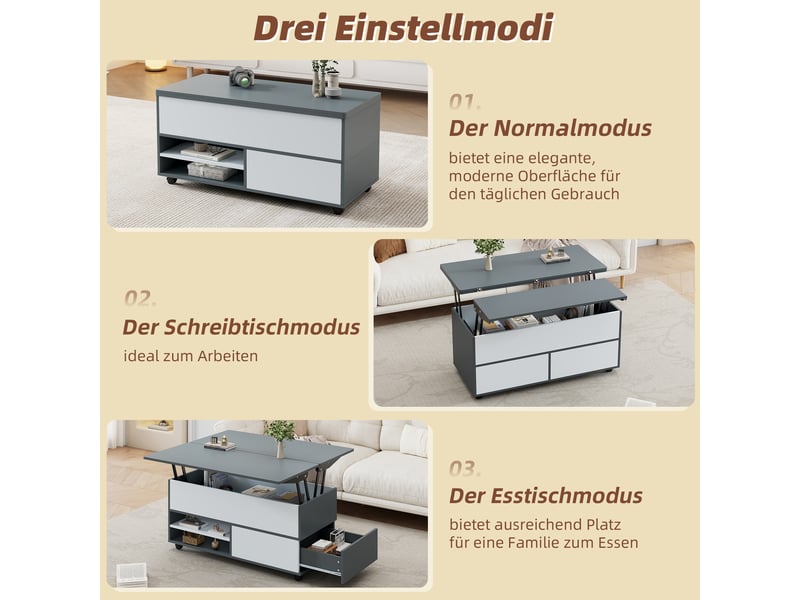  Table basse relevable avec tiroir, porte, rangements et roulettes freinées pour salon, 100×98×65 cm, gris blanc  - Conforama E