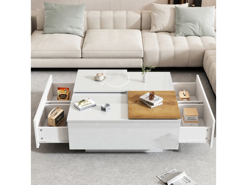  Table basse blanche carrée avec tiroirs et plateaux coulissants, 75 x 75 cm, finition brillante  - Conforama B