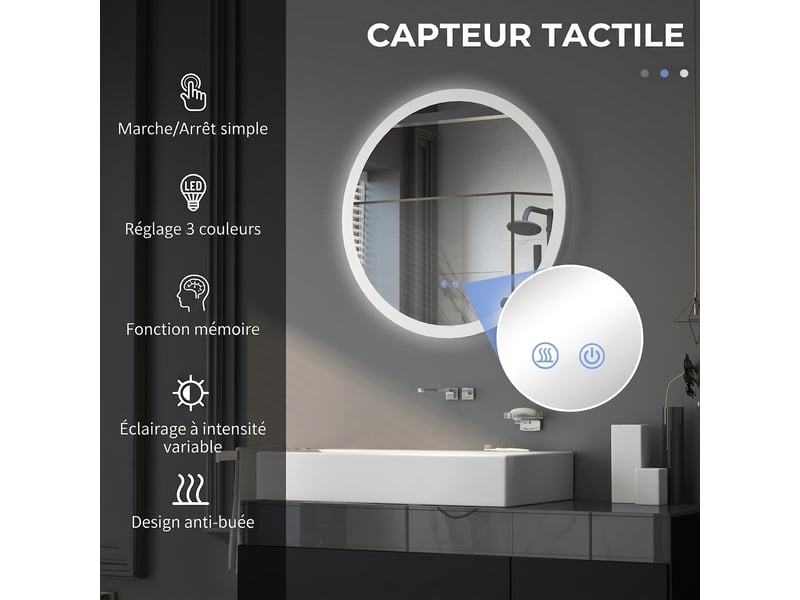  Miroir de salle de bain rond led 70 cm, lumineux, anti-buée, 3 couleurs, ip44  - Conforama E