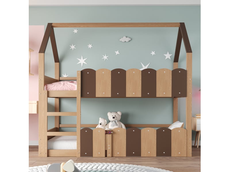  Lit superposé enfant 90 x 200 cm en bois, design maison, coloris bois naturel  - Conforama D