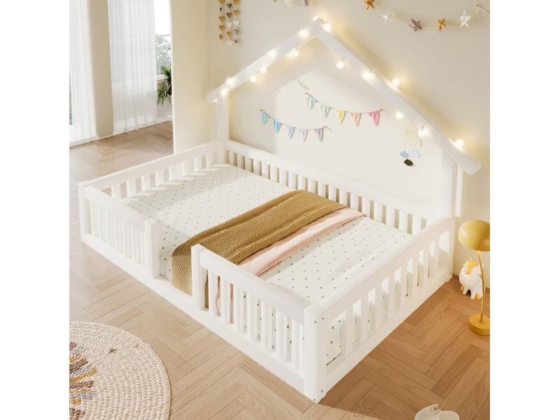  Lit enfant 90 × 200 cm avec barrières de sécurité et guirlande à led en bois blanc, chambre 223,5 × 95 × 131 cm  - Conforama B