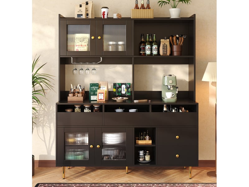 Buffet haut modenvie 145 x 39 x 171 cm en mdf noir avec portes en verre changhong, range-verres et rangements multiples - Conforama E