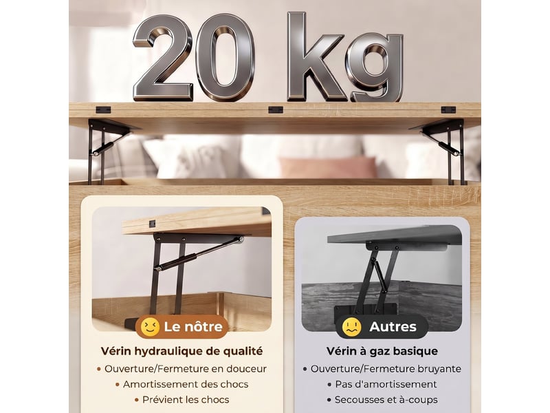  Table basse relevable et extensible table de salon avec compartiment caché étagère ouverte bois naturel 100x45x50,5cm  - Conforama R