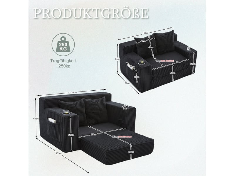  Canapé 2 places 151x133 cm – noir – velours côtelé, extension repose-pieds, coussins et porte-gobelet  - Conforama C