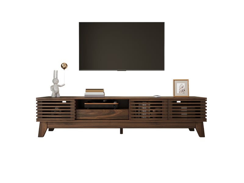  Meuble tv en mdf coloris noyer, 170 x 35 x 40 cm, 3 portes, 1 tiroir et niches ouvertes  - Conforama A