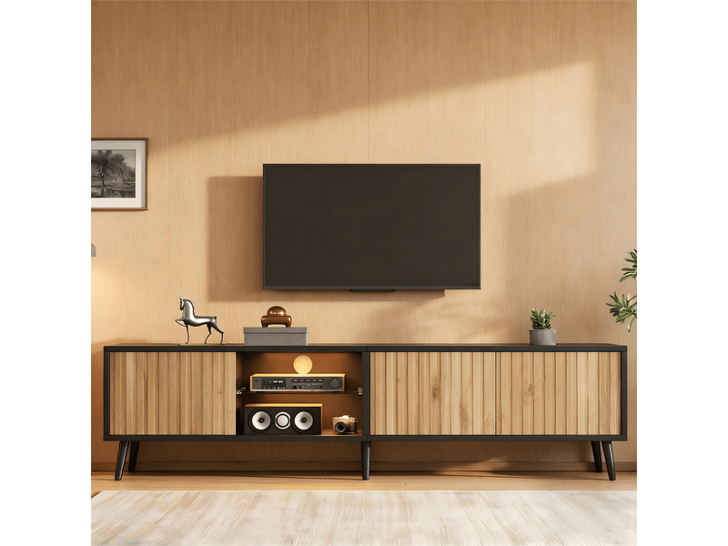  Meuble tv led 175 cm pour salon, 3 portes, 6 peids, bois naturel et noir, pour téléviseur jusqu’à 70 pouces  - Conforama W