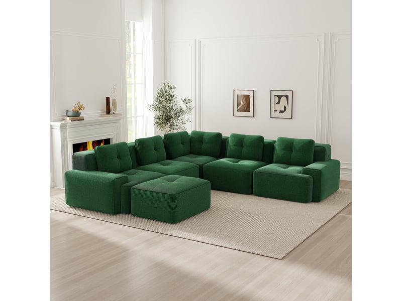  Canapé d’angle modulaire 4 places à assise profonde - lpospi - accoudoirs larges, velours côtelé vert, 295×295×69 cm  - Conforama C
