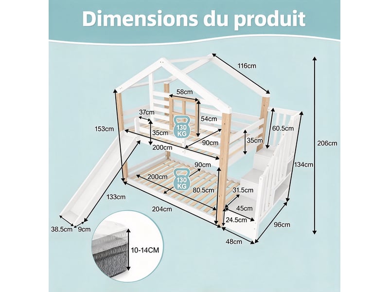 Lit superposé enfant 90x200 cm avec toboggan et escalier de rangements, barrières de sécurité, bois massif, blanc - Conforama C