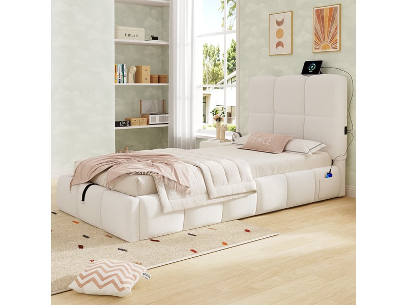  Lit coffre enfant simple 90×200 cm avec usb et type-c, sans matelas - okmyhome- en tissu bouclette beige  - Conforama C