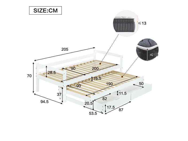  Lit gigogne lit banquette 90x190 cm, canapé-lit avec 2 tiroir escamotable sur roulettes, cadre bois, sommier à lattes inclus OPULERANE TRADING LTD - Conforama E