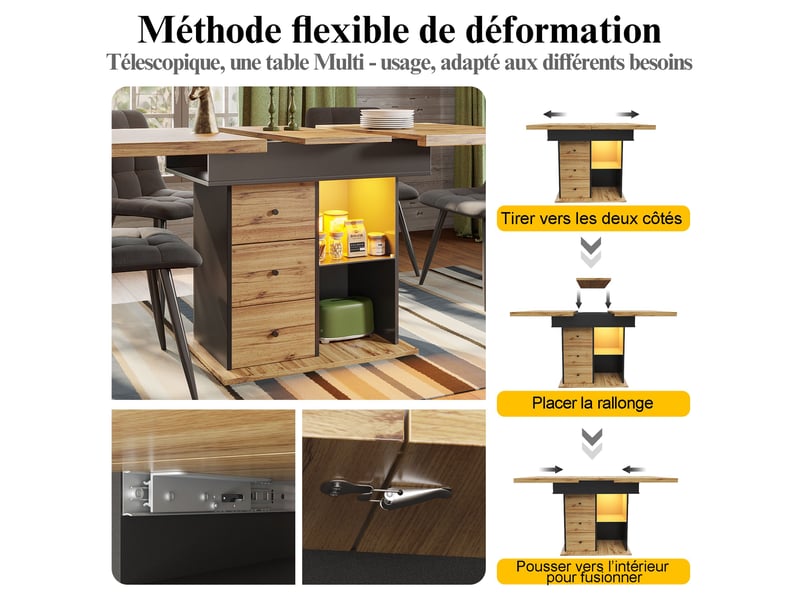  Table à manger extensible noir et naturel, 2 tiroirs, rangement, éclairage led, roulettes, pliable, solide - mdf - 110-140x80cm  - Conforama B