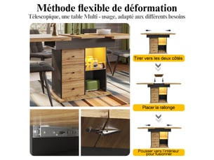 Table à manger extensible noir et naturel, 2 tiroirs, rangement, éclairage led, roulettes, pliable, solide - mdf - 110-140x80cm