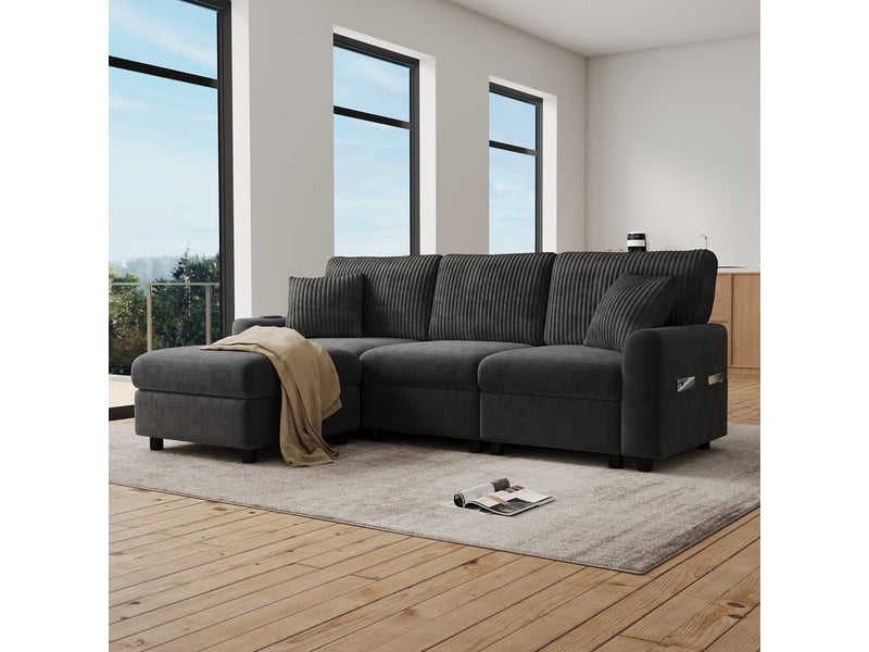 Canapé 4 places gris avec pouf, canapé moderne en chenille et velours côtelé avec ports usb et usb-c, largeur 223 cm - Conforama E