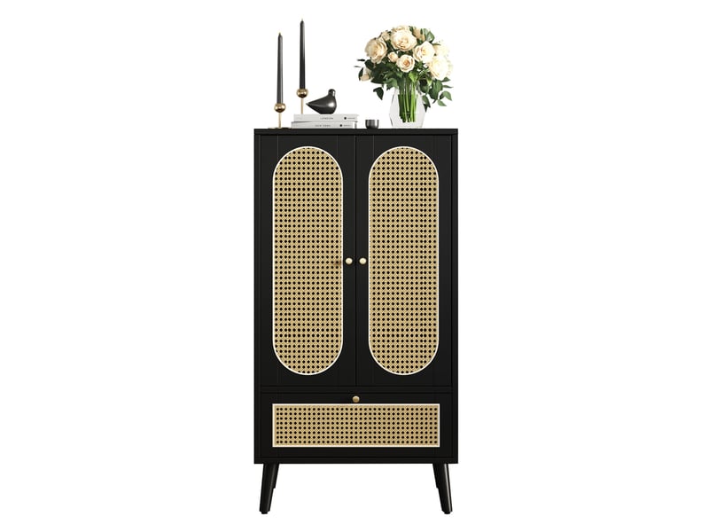 Buffet salon, meuble de rangement avec 2 portes et tiroir noir rotin 60x40x110,5 cm - Conforama A