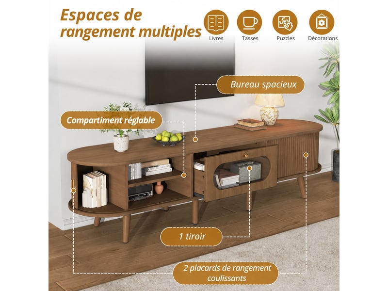  Meuble tv pour téléviseur 70 pouces, mdf couleur noyer, 2 portes à rideau et 1 tiroir, 170 x 40 x 43 cm  - Conforama C