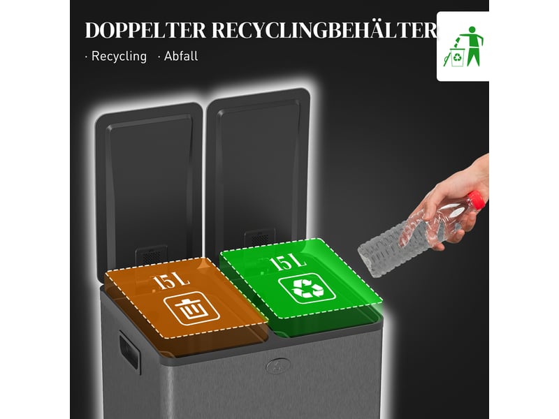  Poubelle de tri à pédale 2x15 l en inox et plastique noir 41,7x36,6x43,2 cm  - Conforama D