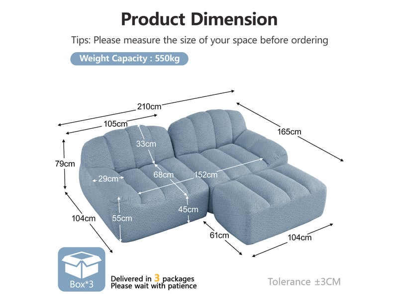  Canapé d'angle modulable sans armature avec ottoman et soutien ergonomique en tissu polaire granulé bleu  - Conforama E