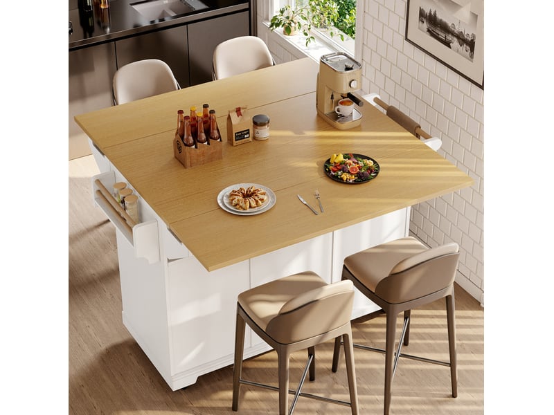 Îlot de cuisine à roulettes 120x4080x95 cm, 3 tiroirs, blanc effet bois - Conforama E