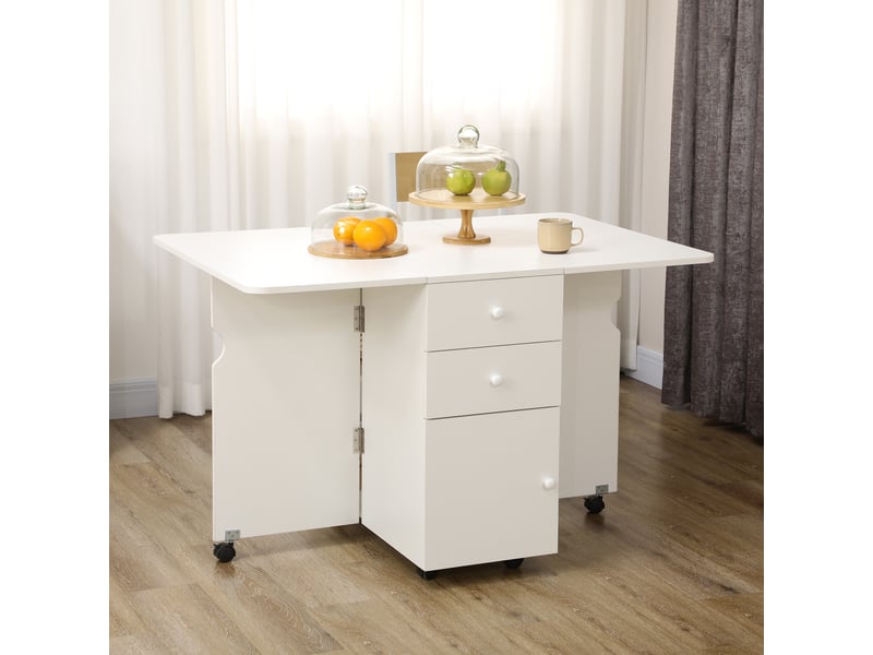  Table salle à manger pliante, rallonges rabattables, roulettes, 2 tiroirs, cuisine moderne, 120x80x75 cm, blanche.  - Conforama D