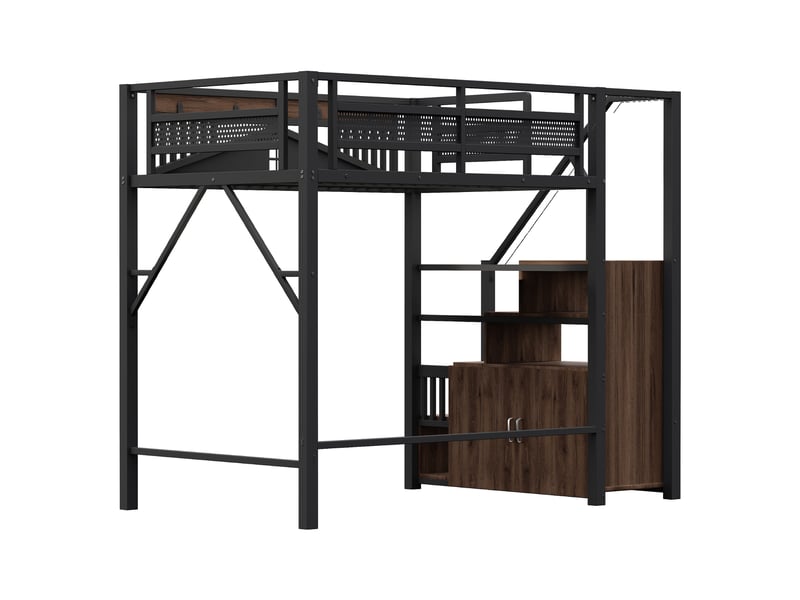  Lit mezzanine en métal 140 x 200 cm, structure de sécurité unique avec fenêtre, échelle sécurisée avec casier, noir  - Conforama E