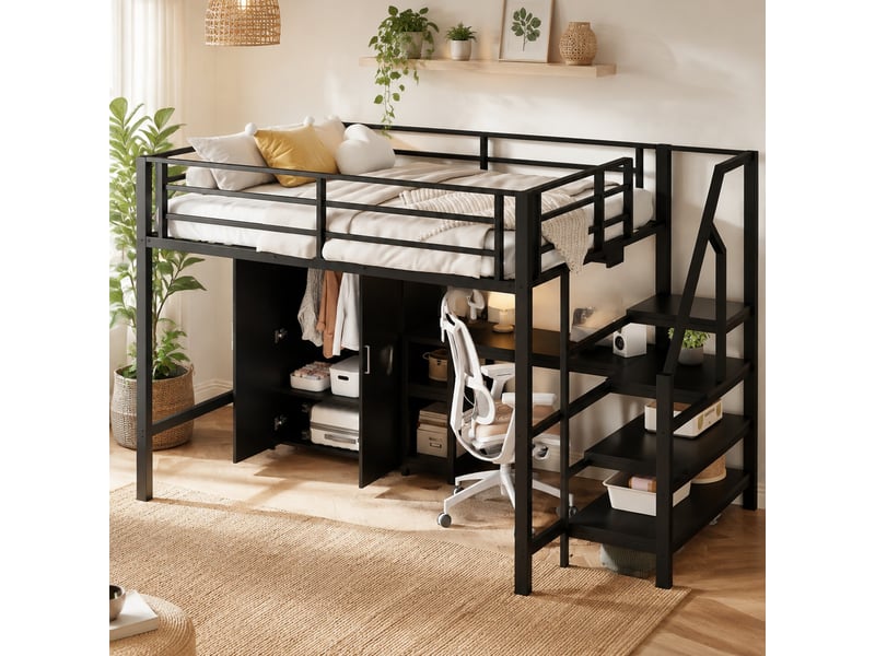  Lit surélevé enfant noir 140 x 200 cm avec armoire, étagères et bureau  - Conforama D