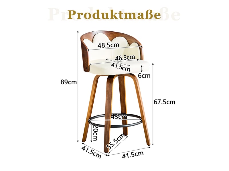  Lot de 2 tabourets de bar,46,5x41,5x89 cm,avec repose-pieds,bois cintré et pu,blanc  - Conforama C