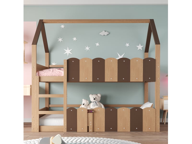  Lit superposé enfant 90 x 200 cm coloris bois, structure maison avec échelle et barrières rehaussées  - Conforama B