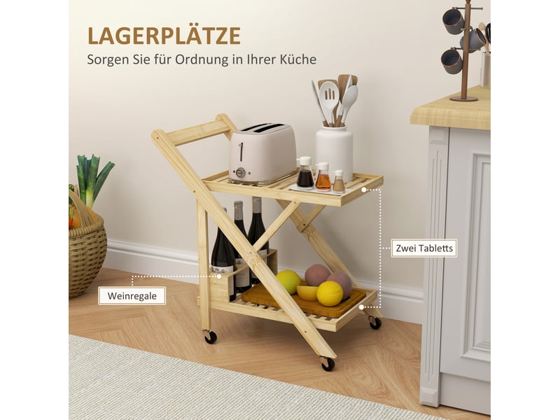  Desserte de cuisine pliable avec 2 étagères, range-bouteilles et roulettes freinées pour cuisine, 66 × 40 × 70 cm  - Conforama E