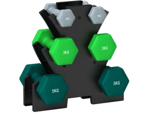 Set de 6 haltères 1 à 5 kg, support 34 x 10 x 34 cm multicolore, noyau en métal, forme hexagonale