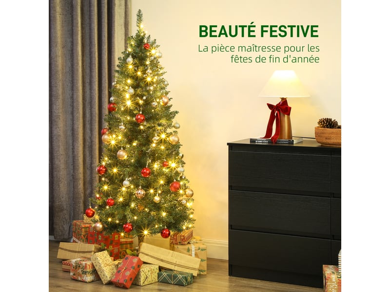  Sapin de noël artificiel 150 cm, arbre de noël fin avec 170 lumières, 635 pointes, support en métal pliable, vert  - Conforama D