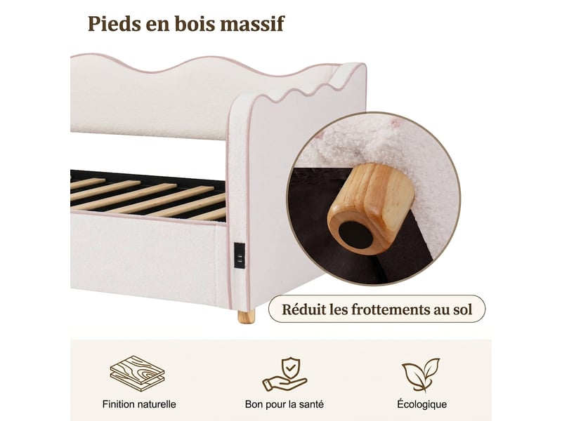  Lit banquette beige lit coffre 90x200 tissu bouclette - rangement hydraulique et prise usb  - Conforama E