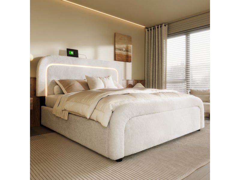 Lit rembourré blanc effet bouclette 140x200 cm avec led, usb et type-c, 4 tiroirs Fay Lum - Conforama D