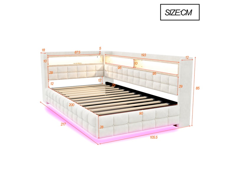  Lit canapé velours beige 90x200 cm avec rangement hydraulique, led, usb et étagère  - Conforama C
