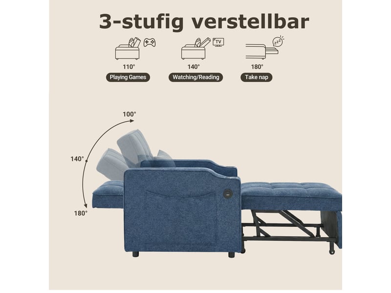  Fauteuil convertible 3-en-1 avec fonction lit  - dossier 3 positions, usb, tissu - bleu marine  - Conforama E