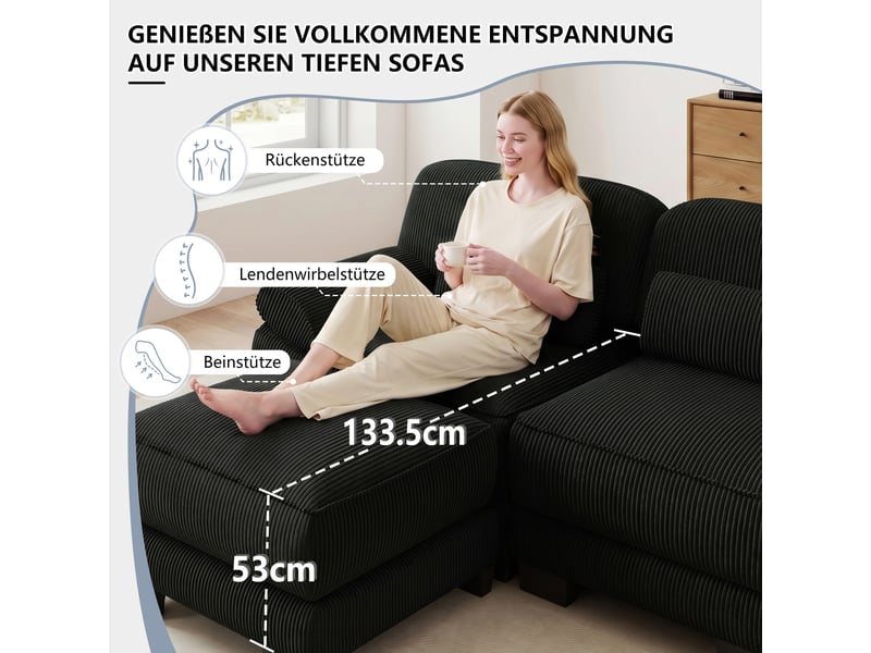 Canapé d'angle modulable 2 places en velours côtelé noir, avec pouf, assise profonde, coussin lombaire, 194×161×94 cm - Conforama D