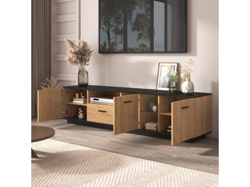 Meuble tv avec led – 1 tiroir, 3 portes, 2 compartiments ouverts en verre – meuble bas tv en bois noir et effet chêne naturel – éclairage led 15 couleurs – design moderne - Conforama W