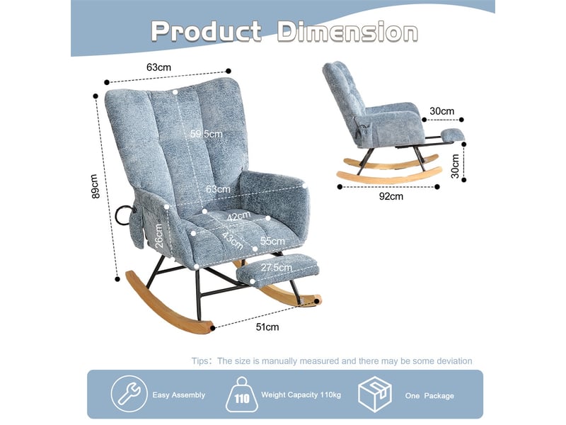 Fauteuil à bascule - 63 x 92 x 89 cm - fauteuil relax glider en chenille avec soutien lombaire gonflable - bleu - Conforama E