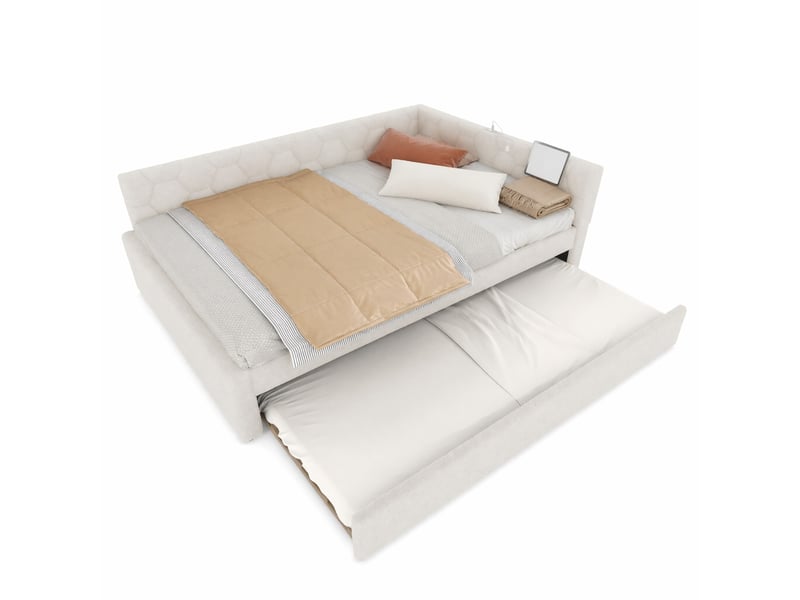  Lit gigogne 140x200 cm avec sommier, lampe, ports usb et type-c, blanc  - Conforama A