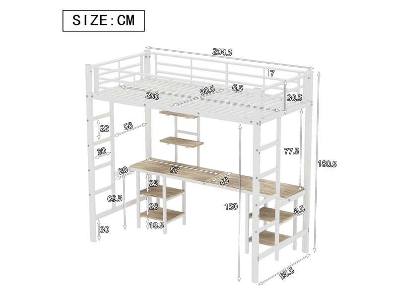  Lit mezzanine enfant 90x200 cm, table, étagère, garde-corps, sommier, métal blanc, sans matelas  - Conforama C