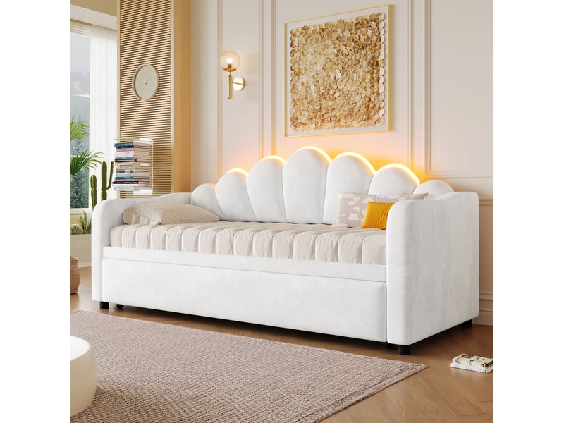 Lit tiroir gigogne 90x200 cm, velours blanc, led 7 couleurs, 2 positions, sans matelas - Conforama R