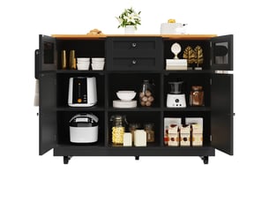 Îlot de cuisine noir, desserte à roulettes avec tiroirs et plateau pliable. Sans matelas inclus.