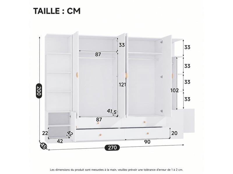 Armoire 6 portes 4 penderies 4 tiroirs - lpospi - rangement modulable mdf bois massif acier blanc 270 × 45 × 200 cm - Conforama E
