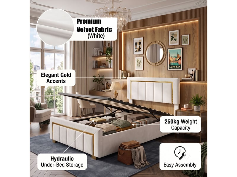  Dreammespace lit coffre 90x200 cm - lit simple avec rangement hydraulique et sommier relevable, velours lignes dorées blanc crème DreamMespace - Conforama D