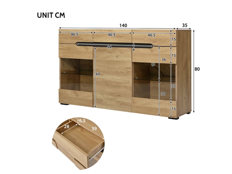Buffet bois clair avec led, 3 portes et 3 tiroirs, grand espace de rangement - Conforama C