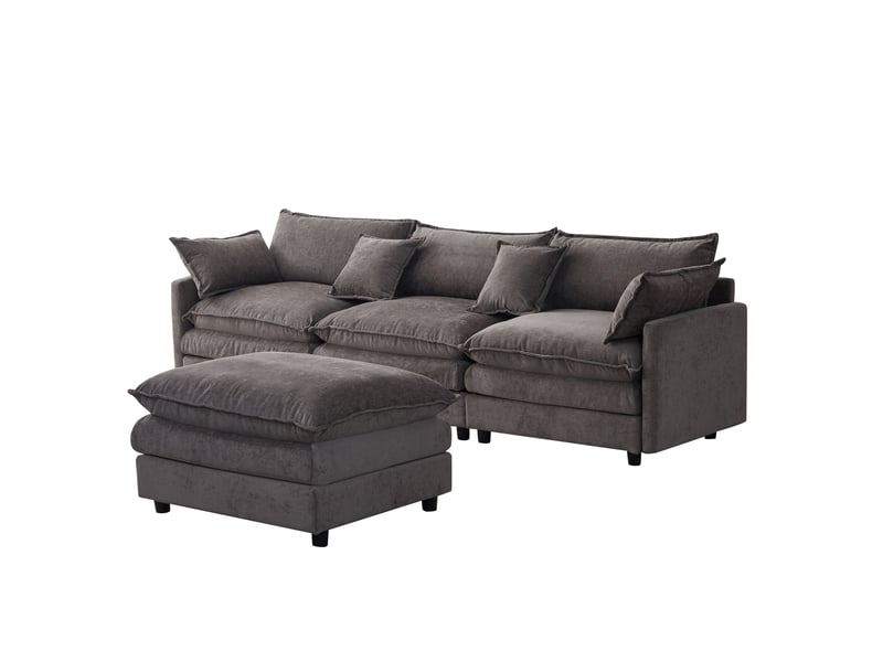 Canapé d’angle 3 places, canapé modulable avec pouf en chenille gris, 267x154x85 cm - Conforama D