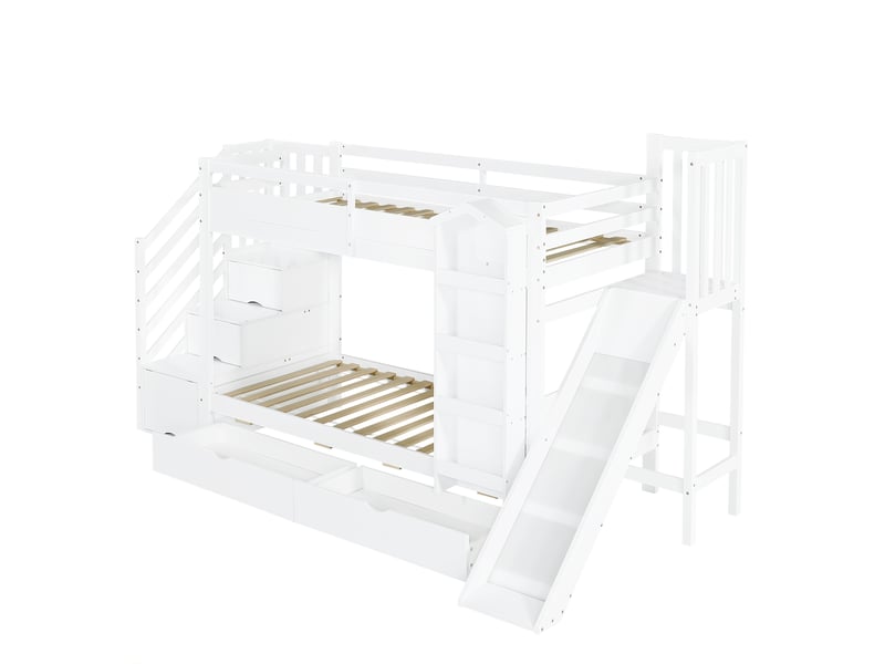  Lit superposé enfant 90x200cm, toboggan, escalier avec rangements, bibliothèque et 2 tiroirs, pin et mdf, blanc C-DEGAYUN - Conforama A