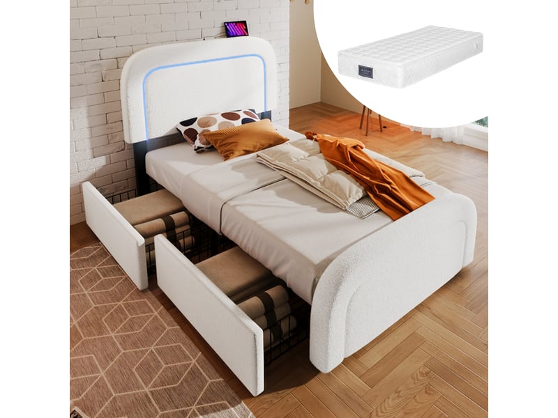  Lit avec tiroirs, lit simple 90x200 cm avec usb, type-c, led, 2 tiroirs et tête réglable, matelas inclus, blanc  - Conforama B